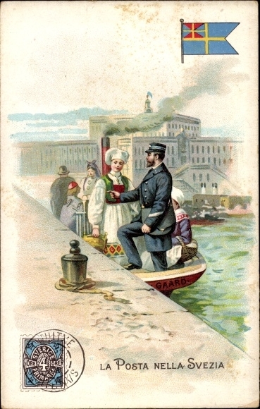 Postage stamps PC La Posta nella Svezia, Sweden, postman, costume, Lysoform Achille Brioschi Milano
