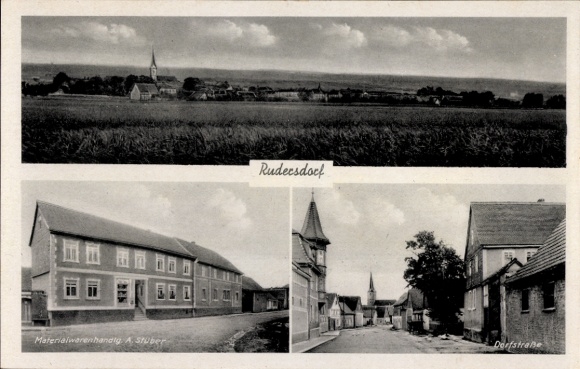 Postcard Rudersdorf Buttstädt Thuringia, general view, village street, material store A. Stuber