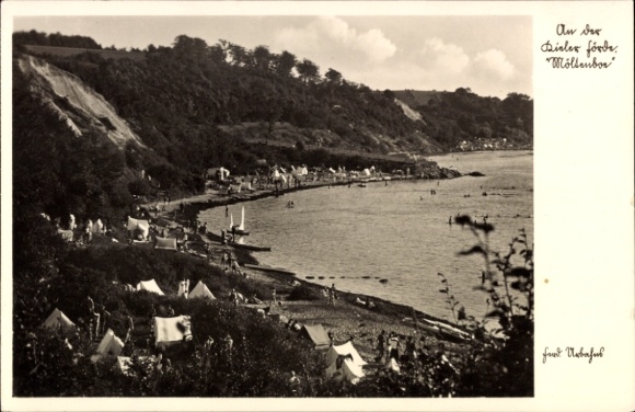 Postcard Mölln in the Duchy of Lauenburg, landscape on the Biel Fjord, tent camp, water activities