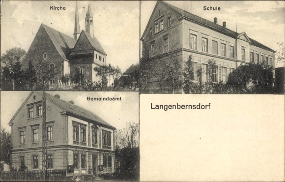 Ak Langenberndorf Sachsen, Kirche, Schule, Gemeindeamt