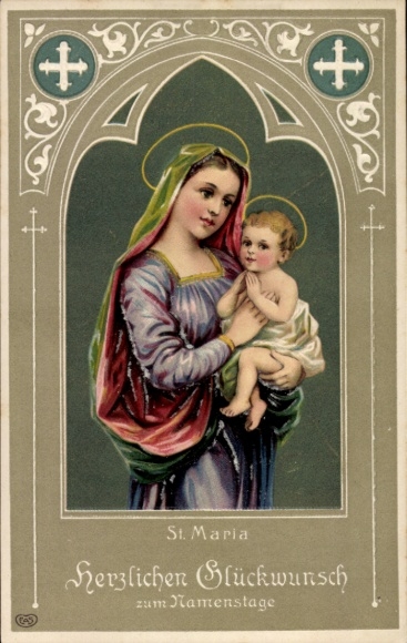 Embossed PC congratulations name day, image of Mary, image of a saint
