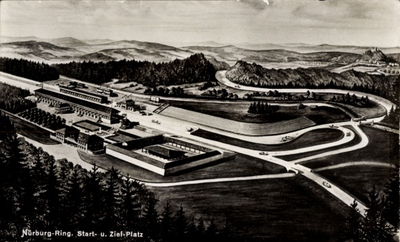 Postcard Nürburg in the Eifel, Nürburgring, aerial view of the start and finish area, racing cars, forest, mountains