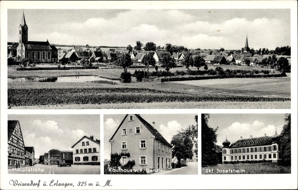 Ansichtkaart Weisendorf in Midden-Franken, Skt. Josefsheim, hoofdstraat, warenhuis, totaaloverzicht