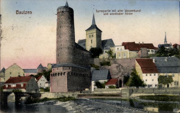 Ak Bautzen in Oberlausitz, Spreeparlle met oude waterwerken, Wendische kerk, uitzicht op de stad