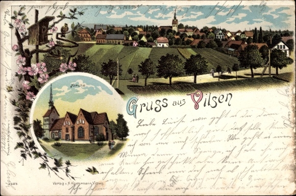 Chromo-Litho Bruchhausen Vilsen district of Diepholz, overall view of the village, fields, church, aviary