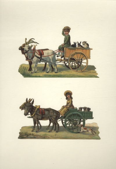 2 Oblaten Knabe mit Ziegenkarre, Mädchen mit Eselkarren, Hunde,Hasen, Größe je ca. 9 x 14 cm