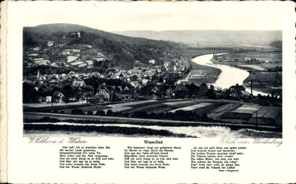 PC Vlotho on the Weser, landscape view, Weser river, Vlotho, poem text