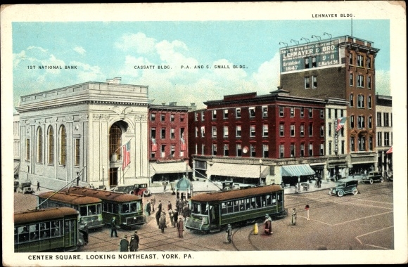 Postcard York Pennsylvania USA, Center Square, Lehmayer Building, Cassatt Building, 1st National Bank