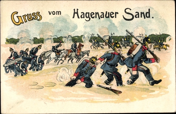 Lithogroet uit Hagenauer Sand, soldaten vast in het zand, militair oefenterrein