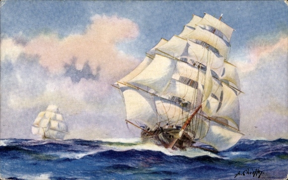 Kunstenaar ansichtkaart zeilschip Ariel, Bibby Line