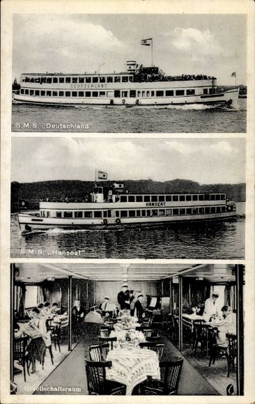 Postcard salon steamers SMS Germany and SMS Hanseat on the Weser, Bremen shipping company, Otto WA Schreiber