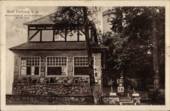 Postcard Bad Driburg in the Höxter district, Sachsenklause, Kaiser Karlsturm an der Iburg, Cafe Germania