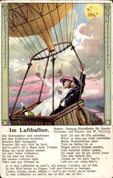 Postcard poem in a balloon, tastes differ..., lovers, champagne glass