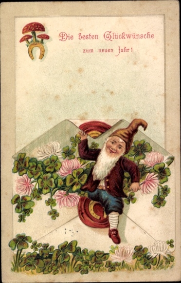 Embossed PC Happy New Year, dwarf, envelope, lucky clover