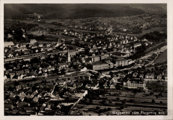 Postcard Gaggenau in the Murgtal Black Forest, aerial view of houses, church, landscape