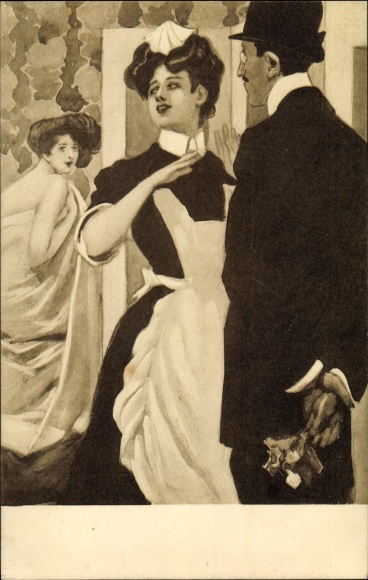 Artist Postcard Woman getting dressed behind a screen, maid holds man back