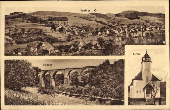 Ak Weiher Mörlenbach im Odenwald Hessen, Kirche, Viadukt, Totalansicht