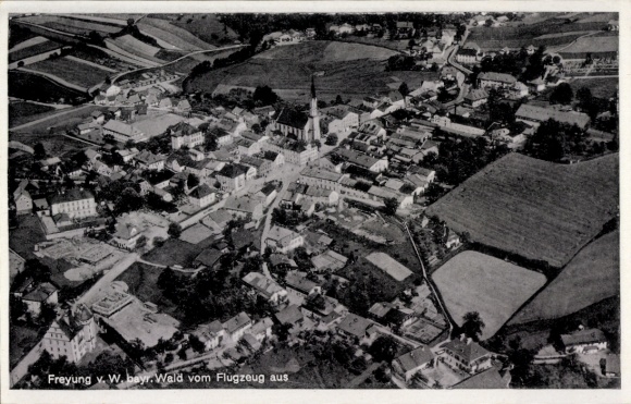 Postcard Freyung in the Bavarian Forest, aerial photograph, Gasthaus zum Passauer Hof