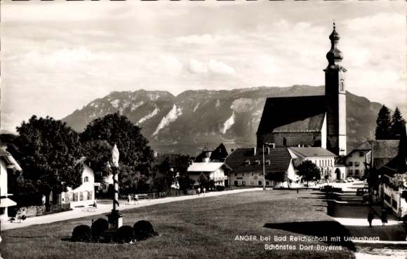 Postcard Anger in Upper Bavaria, partial view, church, Untersberg