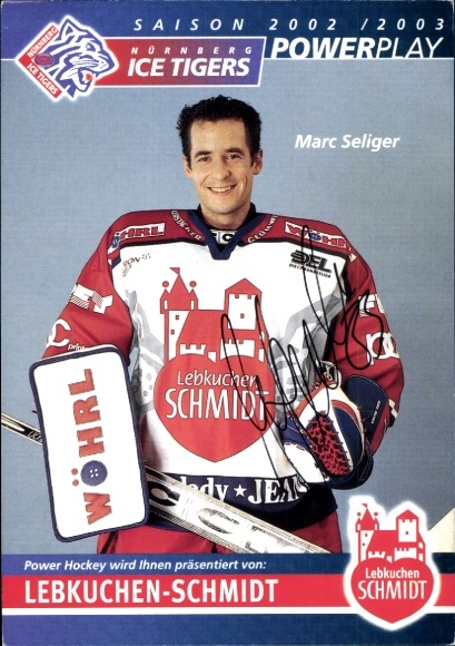 Postcard ice hockey goalkeeper Marc Seliger, portrait, autograph