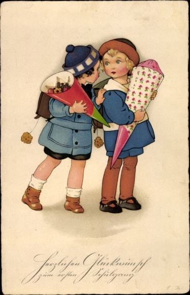 Artist PC Baumgarten, Fritz, congratulations school enrollment, children with candy bag