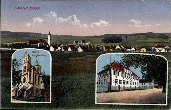 PC Ummendorf in Württemberg, chapel on the Kreuzberg, schoolhouse, total view