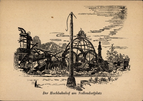 Künstler Ak Berlin Schöneberg, zerstörter Hochbahnhof am Nollendorfplatz
