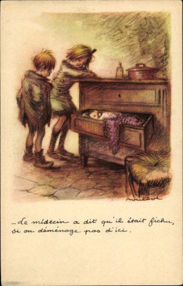 Artist Postcard Poulbot, Franciscque, Children, Baby sleeping in a drawer