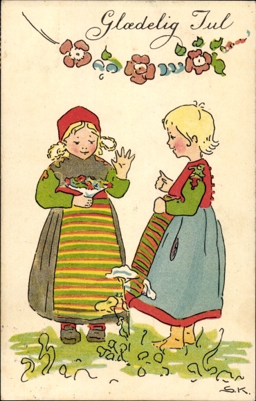 Artist Postcard Kock, S., Happy Christmas, two girls, flowers
