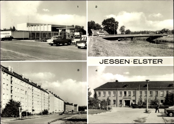 Ak Jessen an der Elster, Kulturhaus, Friedensbrücke, Heinrich-Rau-Strasse, Landambulatorium