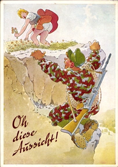 Artist Postcard Oh this view, Bundeswehr soldier from the mountain troops looks under the woman's skirt