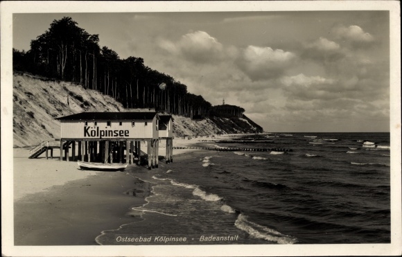 Postcard Baltic resort Kölpinsee on Usedom, bathing establishment, beach