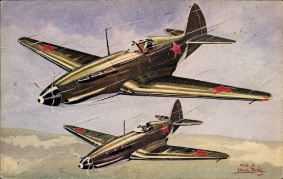 Artist Postcard Louis Petit, Russian military aircraft, MIG 3, fighter aircraft, Soviet Union, USSR