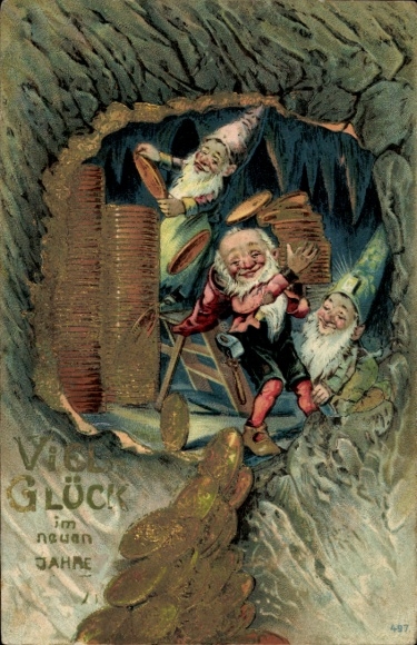 Embossed Postcard Happy New Year, Dwarves in the Mine, Coins