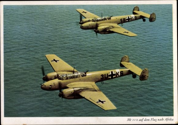 Ak Messerschmitt Me 110 Kampfflugzeuge, Flug nach Afrika, Deutsche Luftwaffe, 3U+KS, SB+GO