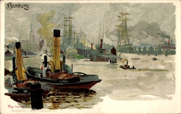 Artysta KP Kley, H., Hamburg, port, parowiec