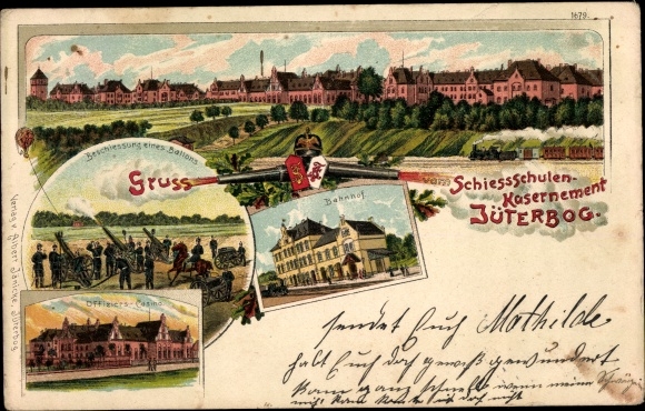 Litho Jüterbog in Brandenburg, Schiessschulen Kasernement, Bahnhof, Offizierscasino