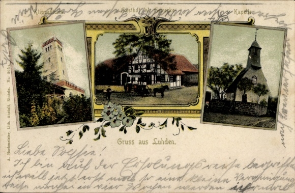 Postcard Luhden in Schaumburg Land, inn, chapel, cliff tower