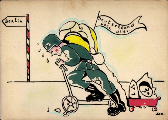 Künstler Ak Deutschland über alles, Wehrmachtssoldat mit einem Roller, Rückzug nach Berlin