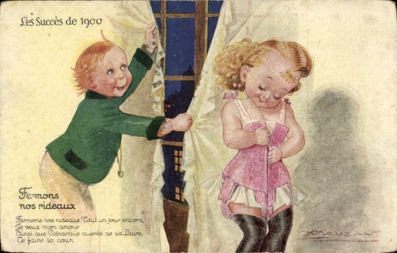 Artist Postcard Mauzan, Girl undresses, corset, underwear, boy closes the curtains