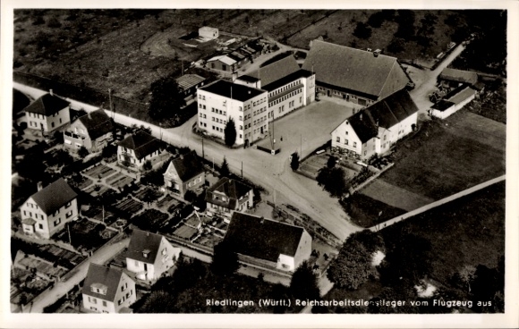 Postcard Riedlingen an der Donau Württemberg, aerial photograph, Reich Labor Service camp, buildings, houses