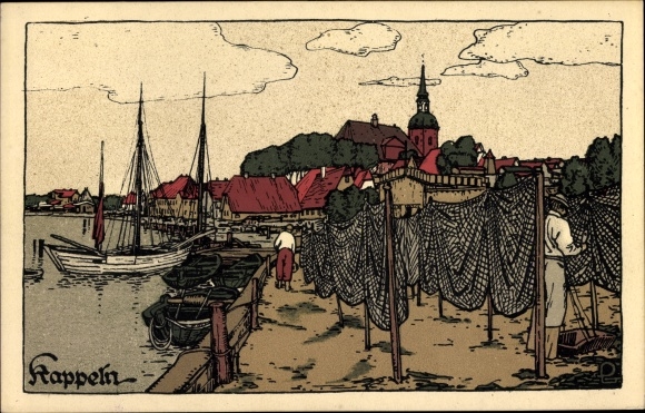 Steindruck Ak Kappeln in Schleswig Holstein, Hafenpartie, Fischernetze, Stadtbild
