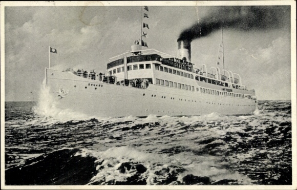 Postcard ship SS Rugard in stormy sea