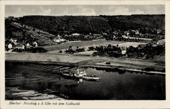 Ak Nieschütz Diesbar Seußlitz wijk van Meißen, uitzicht op de stad met het Golkwald bos, Elbe stoomboot