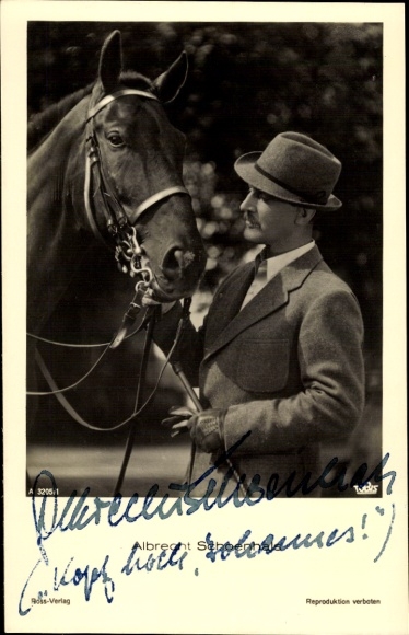 Ak Schauspieler Albrecht Schoenhals, Portrait, Pferd, Ross Verlag A 3205/1, Autogramm