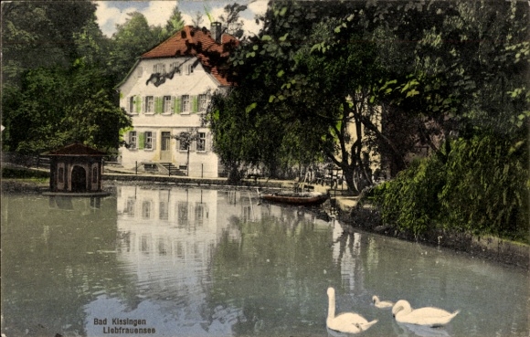 Postcard Bad Kissingen Lower Franconia Bavaria, Liebfrauensee, architecture, swans, calm water surface