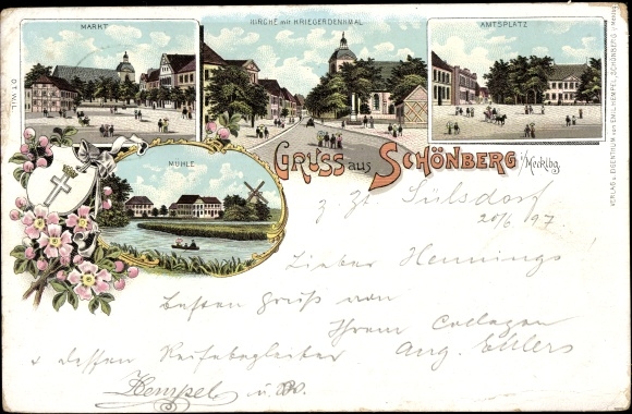 Chromo-Litho Schönberg in Mecklenburg, market, church, war memorial, office square, mill