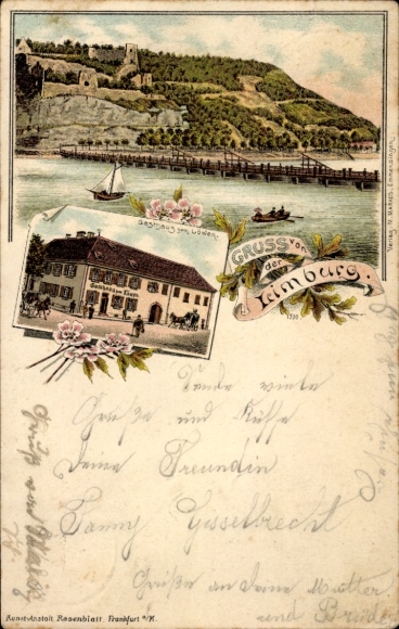 Chromo-Litho Sasbach am Kaiserstuhl, ruins of Limburg am Rhein, Inn zum Löwen
