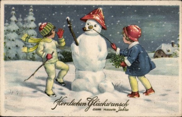 Postcard Happy New Year, children, snowman, humanized
