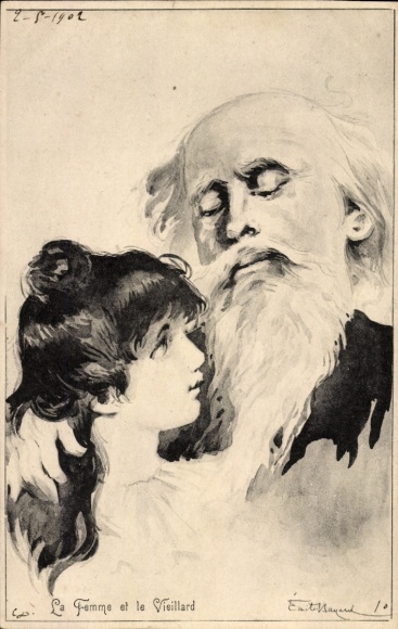 Artist Postcard Woman hugging old man